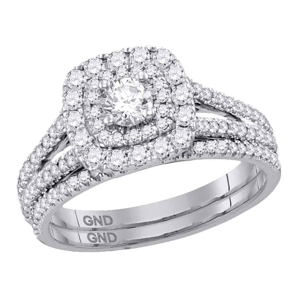 14KT WHITE GOLD ROUND DIAMOND DOUBLE HALO BRIDAL WEDDING RING BAND SET 1 CTTW