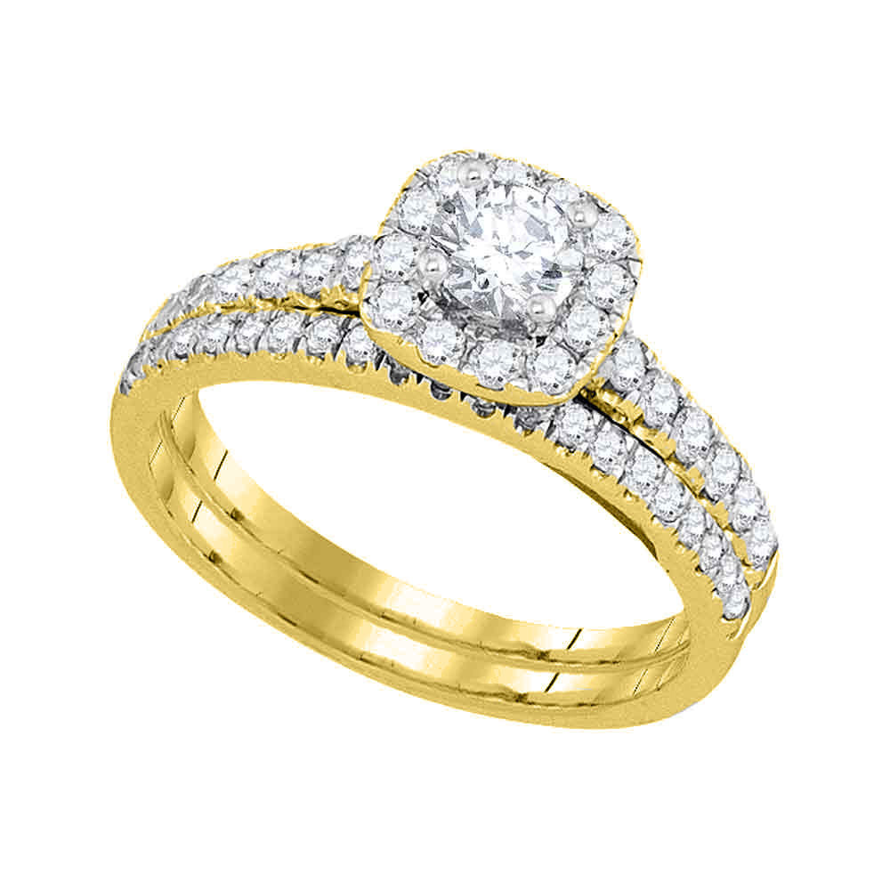 14KT YELLOW GOLD ROUND DIAMOND HALO BRIDAL WEDDING RING BAND SET 1 CTTW