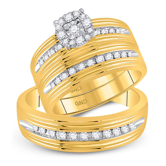 10KT YELLOW GOLD HIS HERS ROUND DIAMOND SOLITAIRE MATCHING WEDDING SET 3/8 CTTW