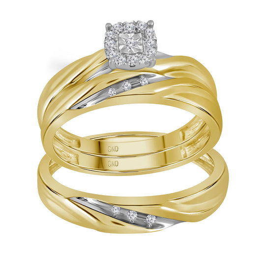 10KT YELLOW GOLD HIS HERS ROUND DIAMOND SOLITAIRE MATCHING WEDDING SET 1/8 CTTW