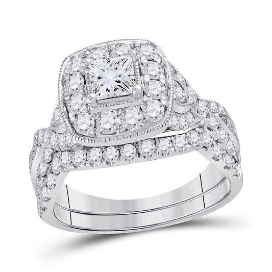 14KT WHITE GOLD PRINCESS DIAMOND BRIDAL WEDDING RING BAND SET 2 CTTW