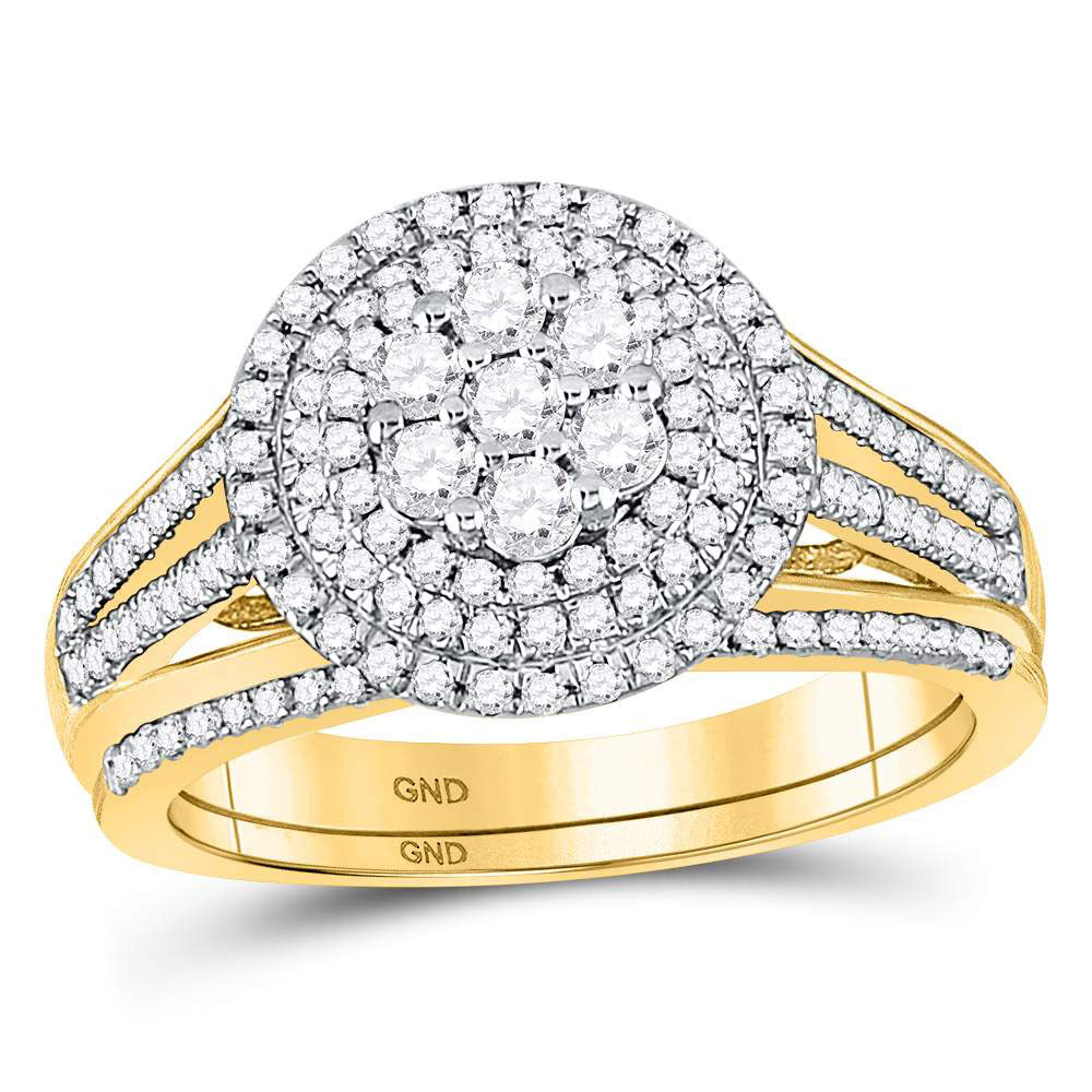10KT YELLOW GOLD ROUND DIAMOND CLUSTER BRIDAL WEDDING RING BAND SET 7/8 CTTW