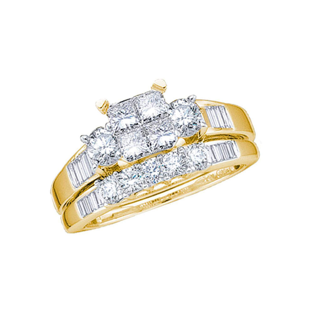 14KT YELLOW GOLD PRINCESS DIAMOND BRIDAL WEDDING RING BAND SET 7/8 CTTW