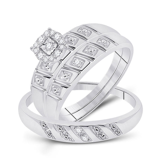 STERLING SILVER HIS HERS ROUND DIAMOND CLUSTER MATCHING WEDDING SET 1/10 CTTW