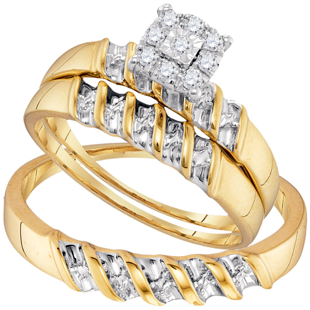 10KT YELLOW GOLD HIS HERS ROUND DIAMOND SOLITAIRE MATCHING WEDDING SET 1/8 CTTW