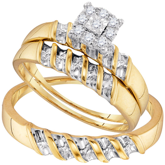 10KT YELLOW GOLD HIS HERS ROUND DIAMOND SOLITAIRE MATCHING WEDDING SET 1/8 CTTW