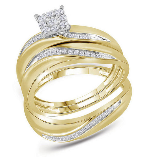10KT YELLOW GOLD HIS HERS ROUND DIAMOND CLUSTER MATCHING WEDDING SET 1/5 CTTW
