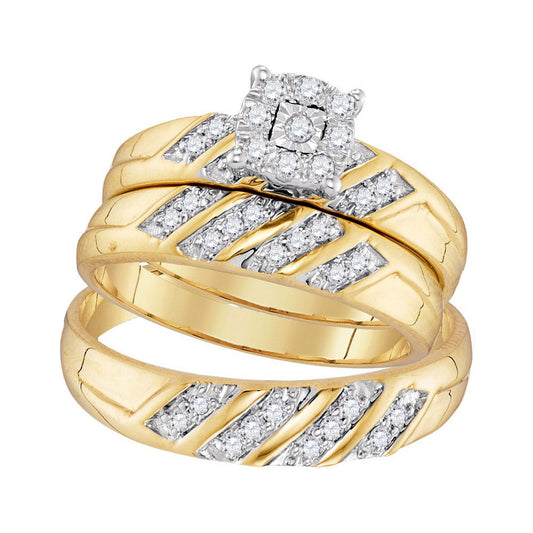 10KT YELLOW GOLD HIS HERS ROUND DIAMOND CLUSTER MATCHING WEDDING SET 1/3 CTTW
