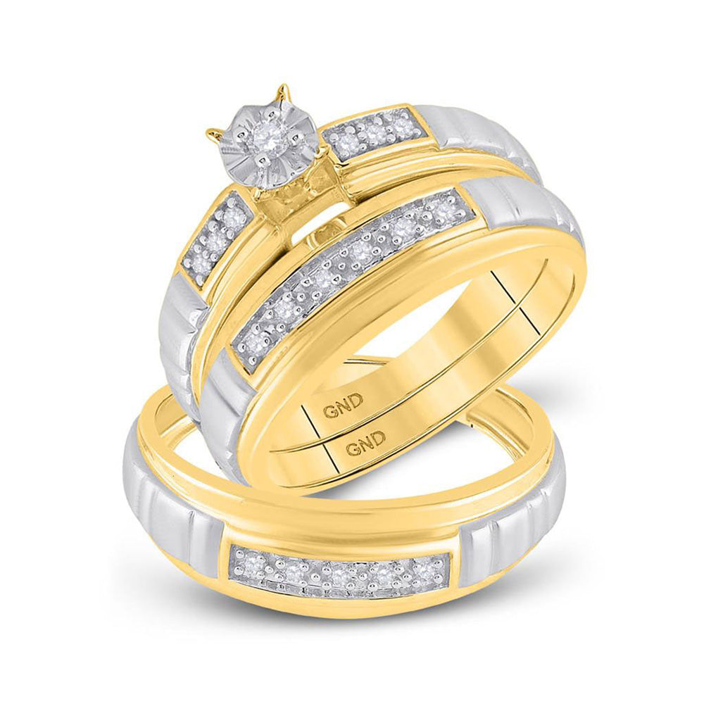 10KT YELLOW GOLD HIS HERS ROUND DIAMOND SOLITAIRE MATCHING WEDDING SET 1/6 CTTW
