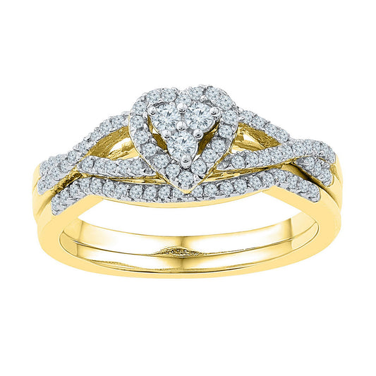 10K YELLOW GOLD ROUND DIAMOND HEART CLUSTER BRIDAL WEDDING RING BAND SET 3/8 CTTW