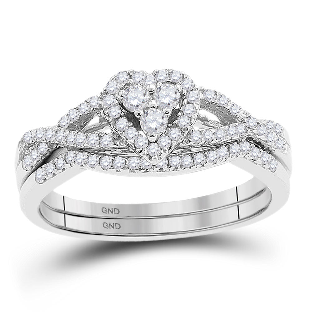 10KT WHITE GOLD ROUND DIAMOND HEART BRIDAL WEDDING RING BAND SET 3/8 CTTW