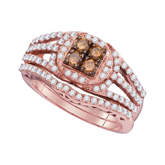 10KT ROSE GOLD WOMENS ROUND BROWN DIAMOND BRIDAL WEDDING RING BAND SET 1 CTTW
