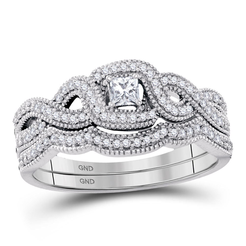 10KT WHITE GOLD PRINCESS DIAMOND TWIST BRIDAL WEDDING RING BAND SET 1/3 CTTW