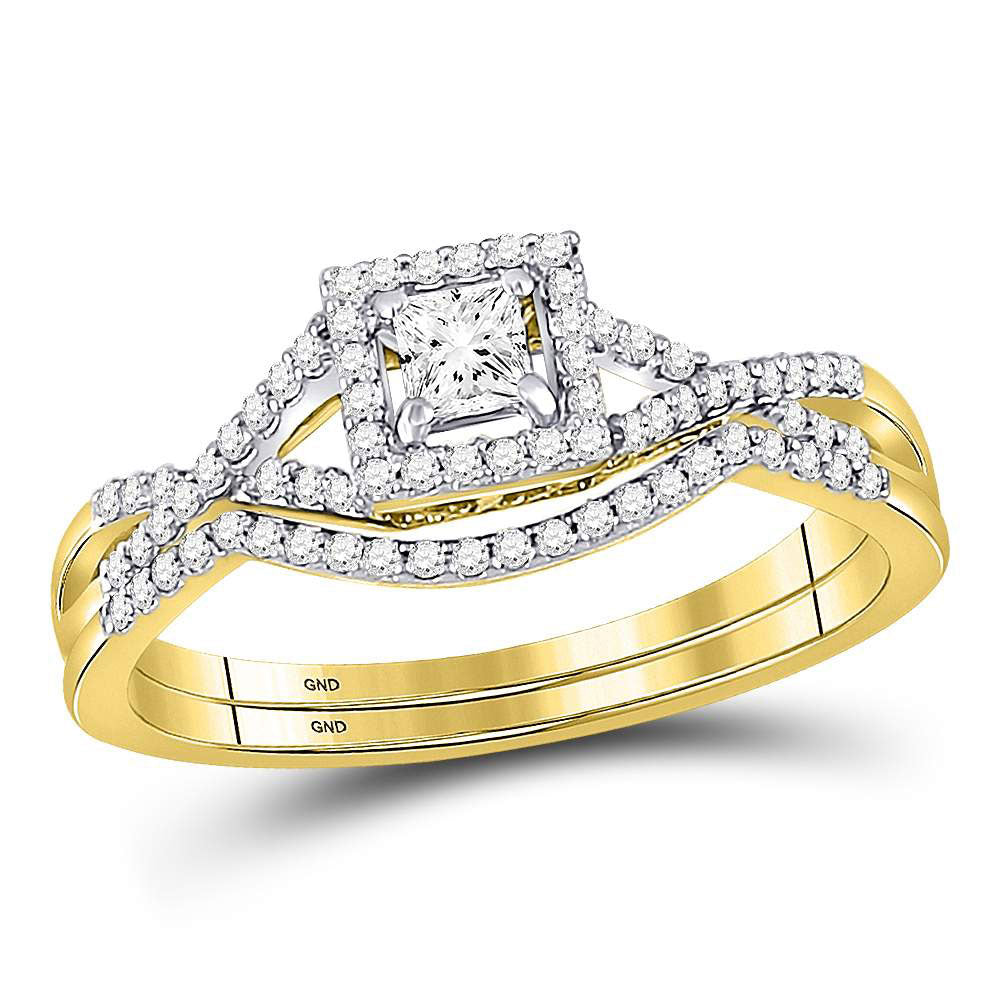 14KT YELLOW GOLD PRINCESS DIAMOND BRIDAL WEDDING RING BAND SET 1/3 CTTW