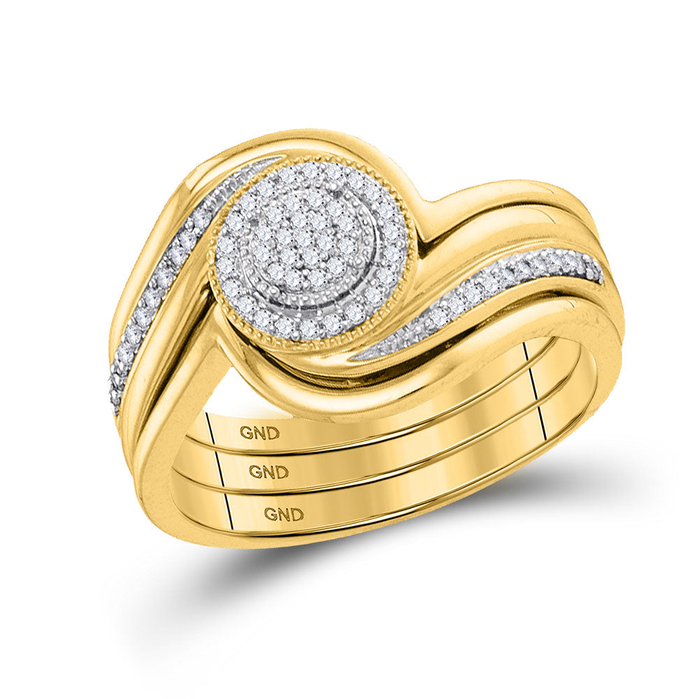 10KT YELLOW GOLD DIAMOND CLUSTER BRIDAL WEDDING RING BAND SET 1/6 CTTW