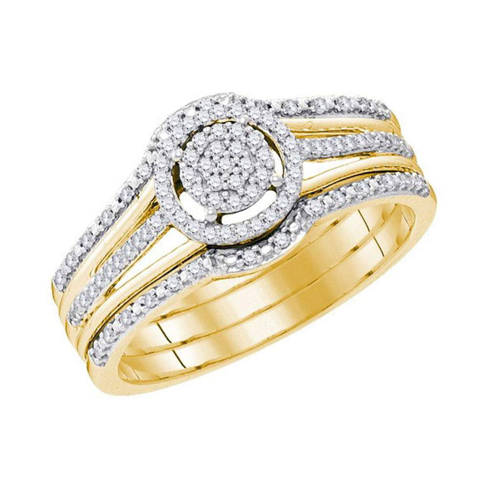 10KT YELLOW GOLD ROUND DIAMOND CLUSTER BRIDAL WEDDING RING BAND SET 1/4 CTTW