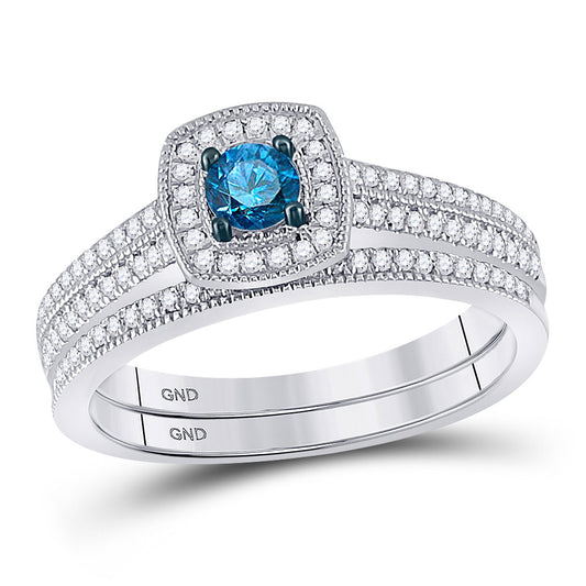 10KT WHITE GOLD WOMENS ROUND BLUE COLOR ENHANCED DIAMOND BRIDAL WEDDING RING SET 1/2 CTTW