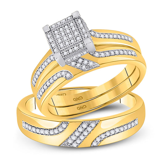 10KT YELLOW GOLD HIS HERS ROUND DIAMOND SQUARE MATCHING WEDDING SET 1/3 CTTW