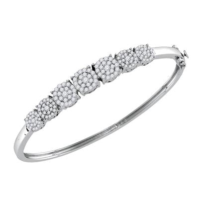 10K WHITE GOLD ROUND DIAMOND CLUSTER BANGLE BRACELET 1-1/4 CTTW