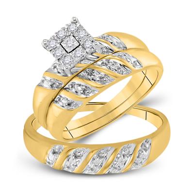 10K WHITE GOLD ROUND DIAMOND CLUSTER MATCHING WEDDING RING SET 1/8 CTTW