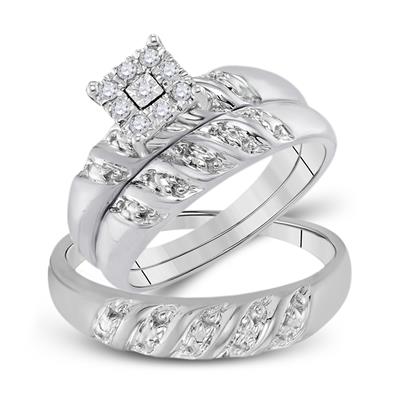 10K WHITE GOLD ROUND DIAMOND CLUSTER MATCHING WEDDING RING SET 1/8 CTTW